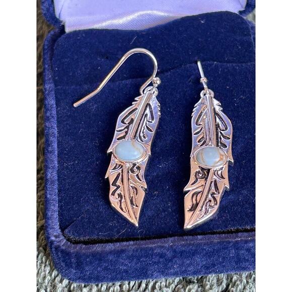 Montana Silversmiths Silver Feather Dangle Earrings With Turquoise Boho Western - Picture 2 of 6